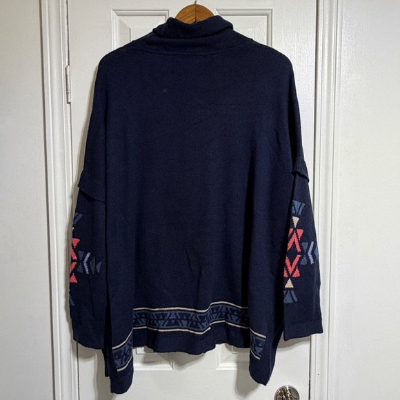 J.Jill navy Aztec oversized tunic poncho knit cowl neck sweater size Large - Picture 3 of 5